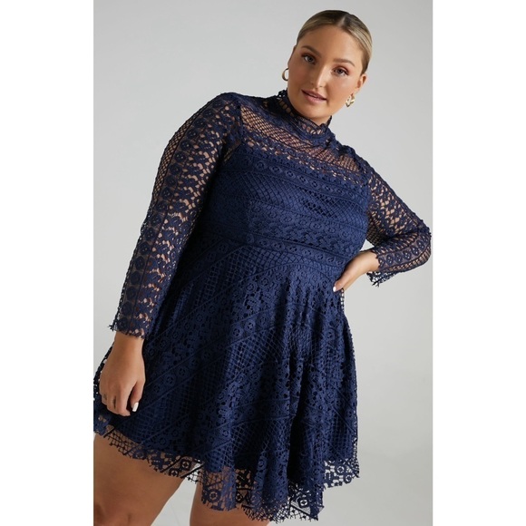 Showpo. Dresses & Skirts - Showpo Hidden Figures Mini Dress in Navy Lace Women’s 14 A-Line High Neck